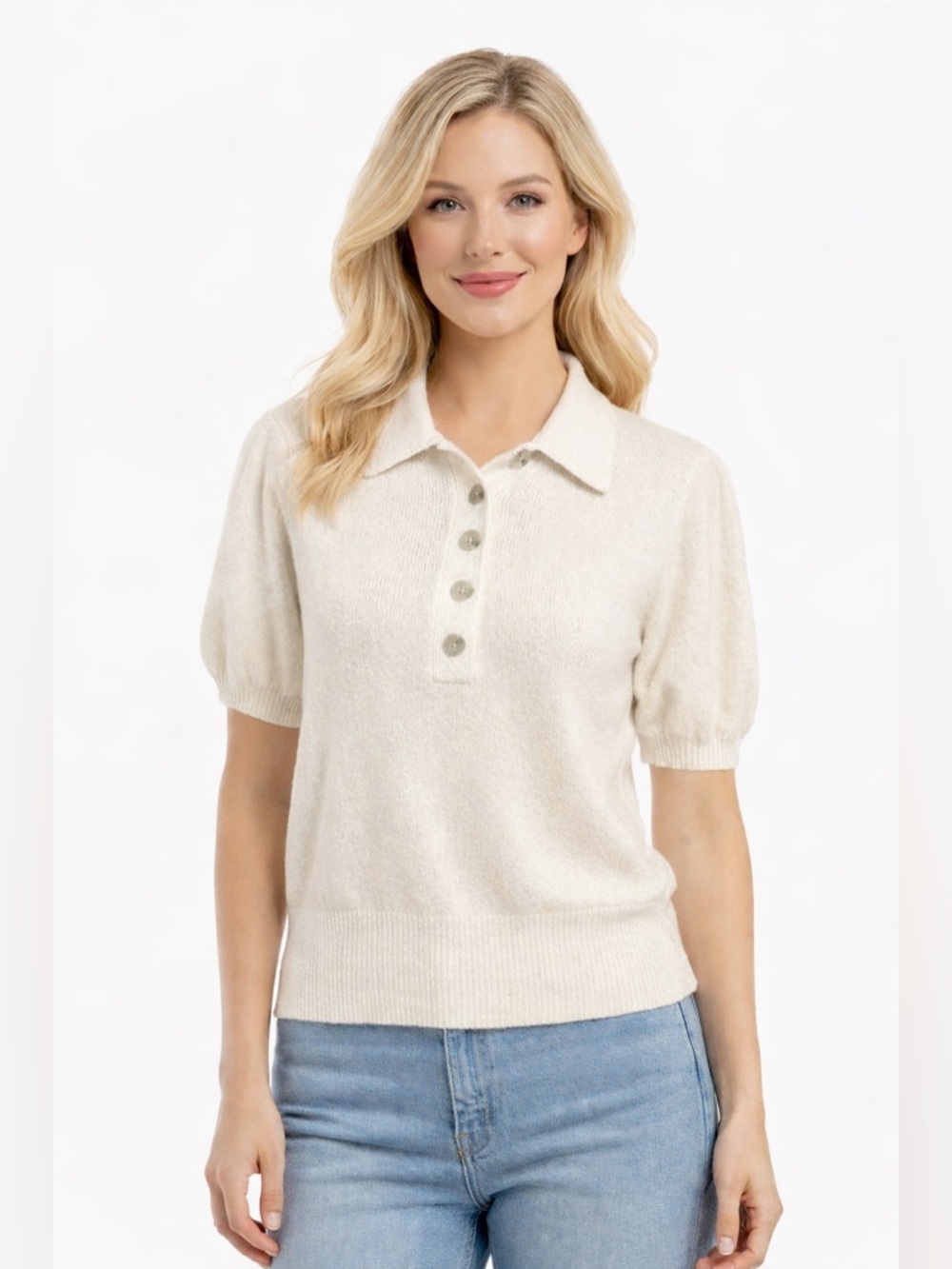 Cream Puff Sleeve Knit Polo Top Soft Cozy Minimalist Cropped Sweater Small
